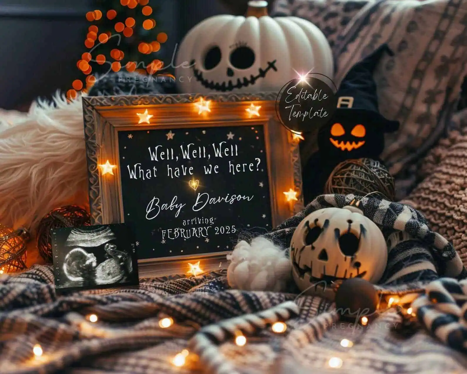 Halloween announcement for upcoming baby arrival with framed sign, pumpkins, ultrasound, and spooky decorations.
